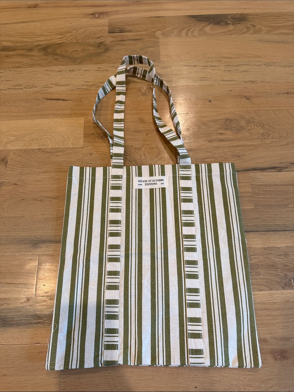 Sezane Olive Green and White Striped Canvas Tote